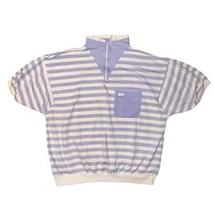 Vintage 80s Lavon Stripes Short Sleeved Shirt Zipper Mock Neck Front Pocket L